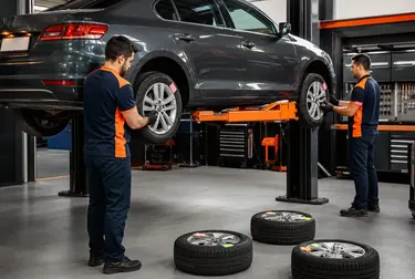 Mecânico realizando rodízio de pneus em um carro na O Polo Borracharia Assis.