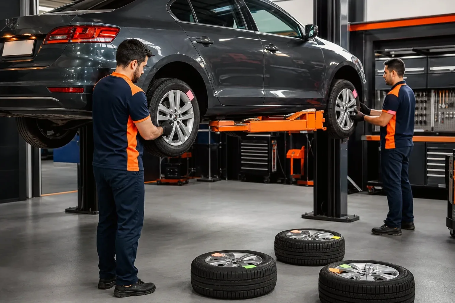 Mecânico realizando rodízio de pneus em um carro na O Polo Borracharia Assis.