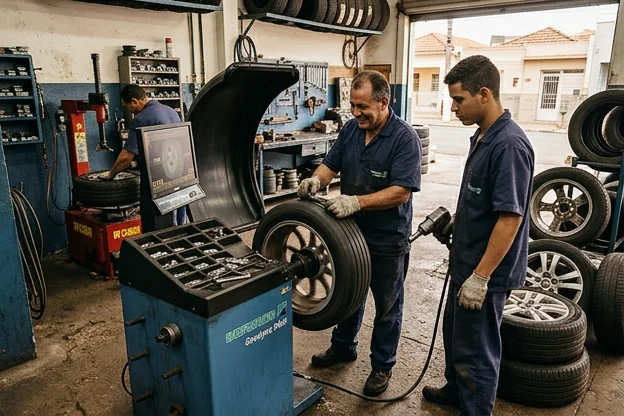Profissionais da O Polo Borracharia Assis balanceando rodas de veículos.