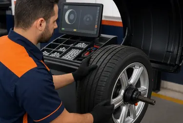 Profissional balanceando rodas de um carro na O Polo Borracharia Assis.