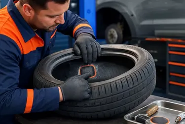 Profissional consertando pneus com ferramentas na O Polo Borracharia Assis.