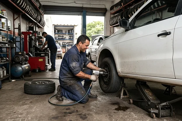 Técnico fazendo rodízio de pneus em um carro na O Polo Borracharia Assis.