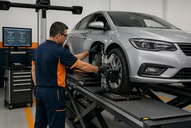 Técnico realizando alinhamento de rodas em um veículo na O Polo Borracharia Assis.