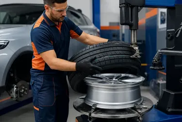Técnico trocando pneus em um carro na O Polo Borracharia Assis.