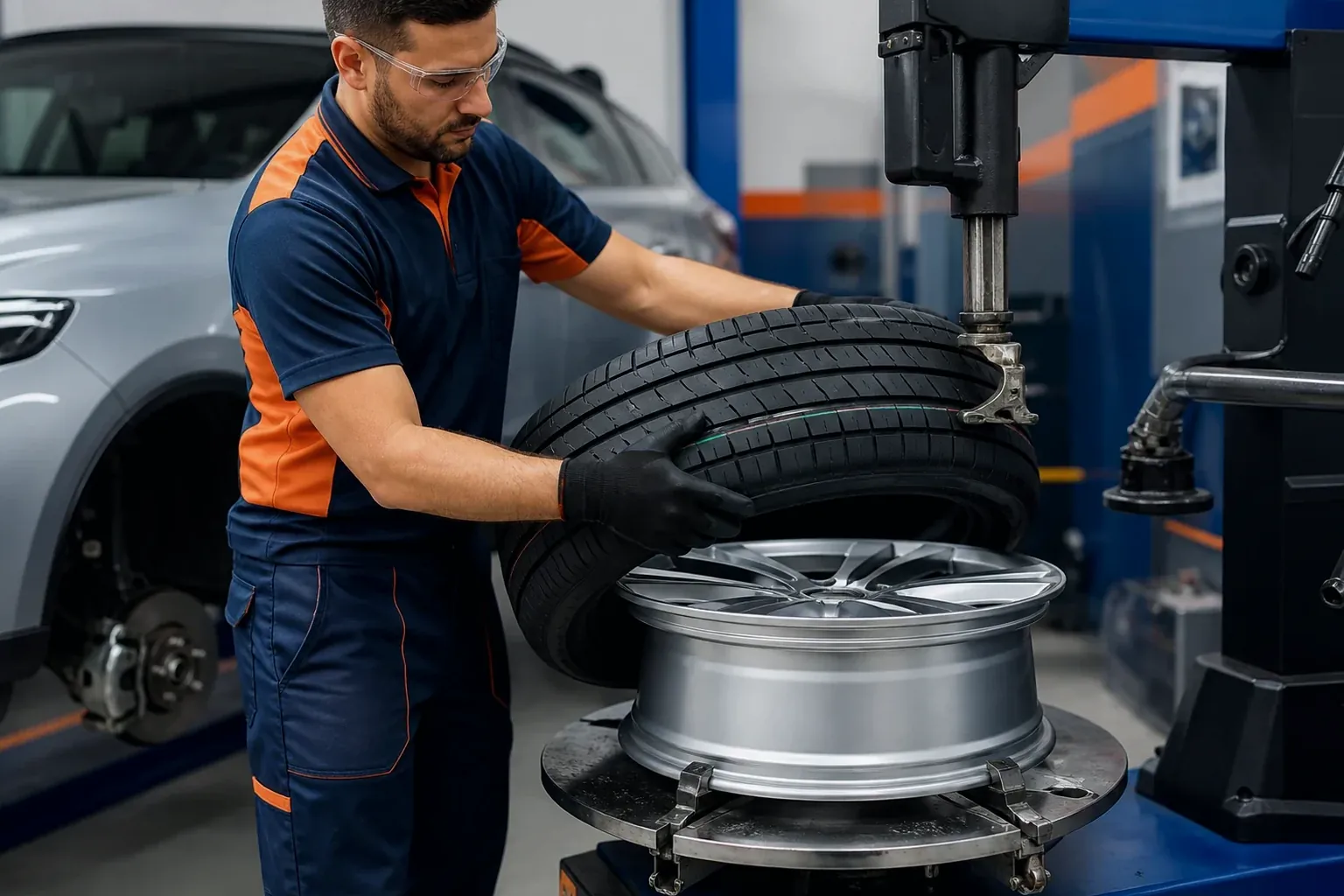Técnico trocando pneus em um carro na O Polo Borracharia Assis.